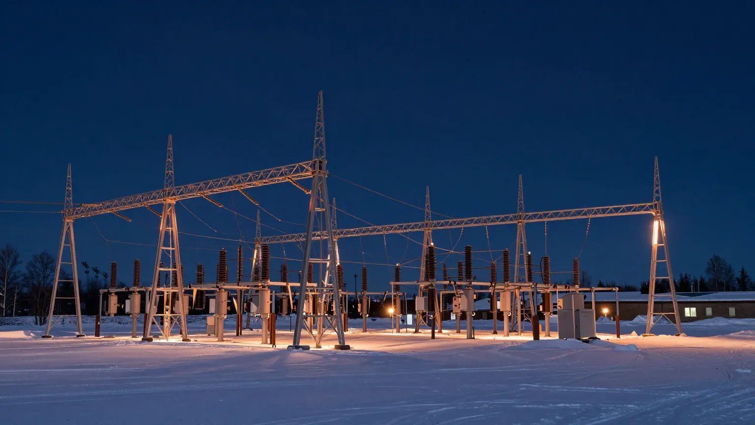 Substation in snow at blue hour